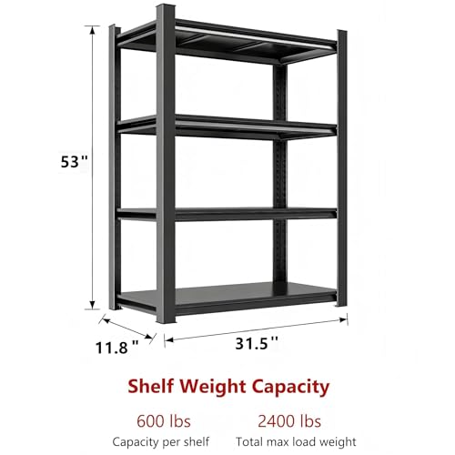 32" W Garage Shelves Heavy Duty 4-Tier, Adjustable Metal Storage Shelf with Fences, Organizer Rack for Garage, Basement, Pantry & Warehouse, Black, 53 Inches High - size: 4 Tier | 53" H x 32" W x 12" D