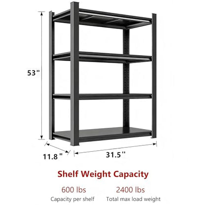 32" W Garage Shelves Heavy Duty 4-Tier, Adjustable Metal Storage Shelf with Fences, Organizer Rack for Garage, Basement, Pantry & Warehouse, Black, 53 Inches High - size: 4 Tier | 53" H x 32" W x 12" D