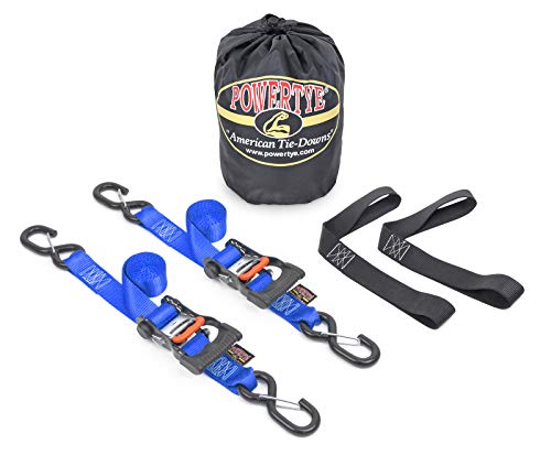 PowerTye 1.5in x 6ft Ergonomic Ratchet Tie-Down Kit w/Latching Hooks, Soft-Tyes, and Storage Bag - Made in USA - 1,000 lb. WLL / 3,000 lb. Breaking Strength - Blue (Kit) - color: Blue