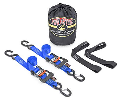 PowerTye 1.5in x 6ft Ergonomic Ratchet Tie-Down Kit w/Latching Hooks, Soft-Tyes, and Storage Bag - Made in USA - 1,000 lb. WLL / 3,000 lb. Breaking Strength - Blue (Kit) - color: Blue