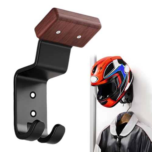 Helmet Holder Wall Mount, Motorcycle Helmet Holder Headgear Rack with Double Hooks, Solid Wood & Strong Steel Helmet Display Hanger Hooks for Football Helmet Jacket Coats