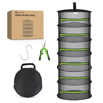 Yesker 6 Layer Herb Drying Rack Hanging Mesh Net Foldable Plant Drying Racks 24" w Green Zipper Pruning Shears Hook Dryer Hanging Rack for Herbs Seed Bud Fruit Clothes Grow Tent Closets Garden Outdoor - size: 6 Layers Fluorescent Green & Black