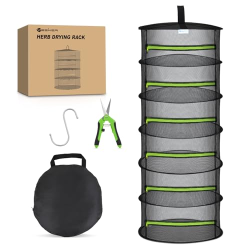 Yesker 6 Layer Herb Drying Rack Hanging Mesh Net Foldable Plant Drying Racks 24" w Green Zipper Pruning Shears Hook Dryer Hanging Rack for Herbs Seed Bud Fruit Clothes Grow Tent Closets Garden Outdoor - size: 6 Layers Fluorescent Green & Black