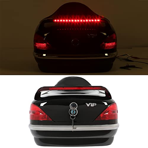 Black Motorcycle Hard Trunk Top Case with Backrest and Tail Light for Harley Davidson, Honda, Yamaha, Suzuki, Vulcan