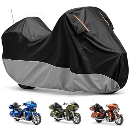 Waterproof Motorcycle Cover 420D Oxford Heavy Duty with Side Top Box Compatible with Harley Davidson Touring Ultra Limited Street Glide Road Glide Electra Glide (116" x 47" x 53") - color: Gray