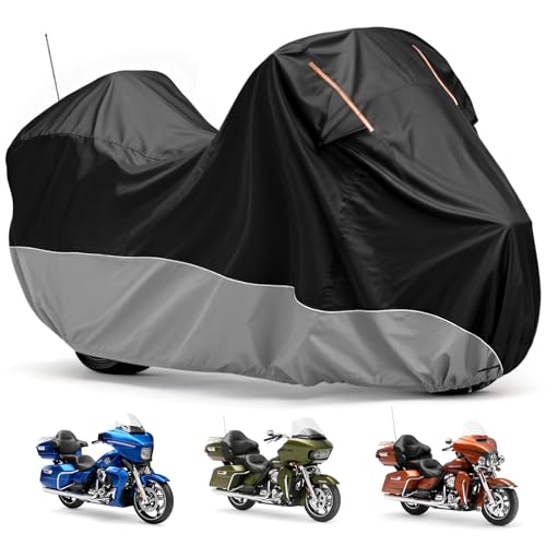 Waterproof Motorcycle Cover 420D Oxford Heavy Duty with Side Top Box Compatible with Harley Davidson Touring Ultra Limited Street Glide Road Glide Electra Glide (116" x 47" x 53") - color: Gray
