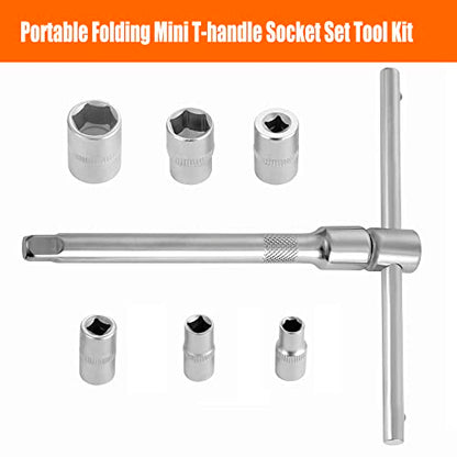 Folding Mini T-Handle Socket Set 1/4'' Drive Tool Kit for Motorcycle ATV UTV, (007)