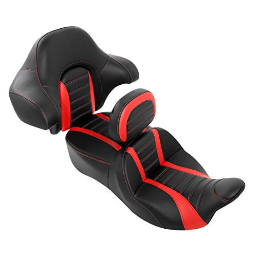 C.C. RIDER Driver Passenger Seat with Rider Backrest and King Tour Trunk Backrest Pad fit for Harley Touring Road King Street Glide Road Glide Electra Glide 2014-2023 - color: 02# Red (Seat With Backrests)