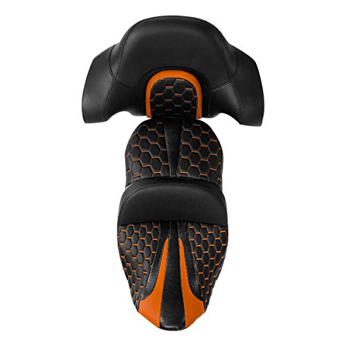 C.C.Rider Driver Passenger Seat with King Tour Trunk Backrest Pad Fit for Harley Touring Road FLHR Street Glide FLHX FLTRX FLHT 2014-2023 - color: Black+Orange Set