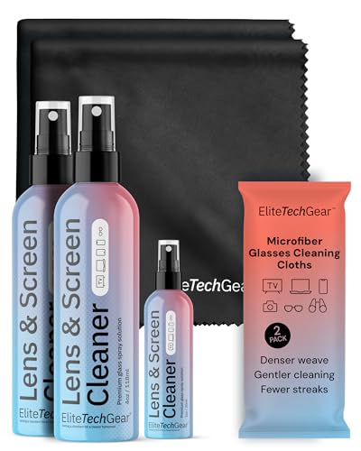 Elite Tech Gear Large Microfiber Cleaning Cloth Kit - 2-pc 12" x 12", Black Glasses Cleaning Cloth for TV Screens and Lenses - 3-pc Lens Cleaner Sprays - color: Black, size: Kit (Pack of 2)