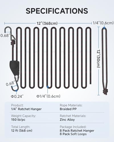 Fondwell 1/4" Retractable Ratchet Straps: 8-Pack Rope Hangers with Protective Soft Loops - Secure Tie Down Ratcheting for Transport - size: 1/4" 8-Pack (with Loops)
