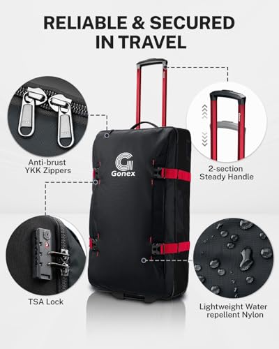 Gonex Rolling Duffle Bag with Wheels, Water-repellent 90L Nylon Large Wheeled Travel Duffel Luggage with TSA Lock & Telescopic Handle 30 inch, Black & Red - color: Black & Red, size: 30 inch
