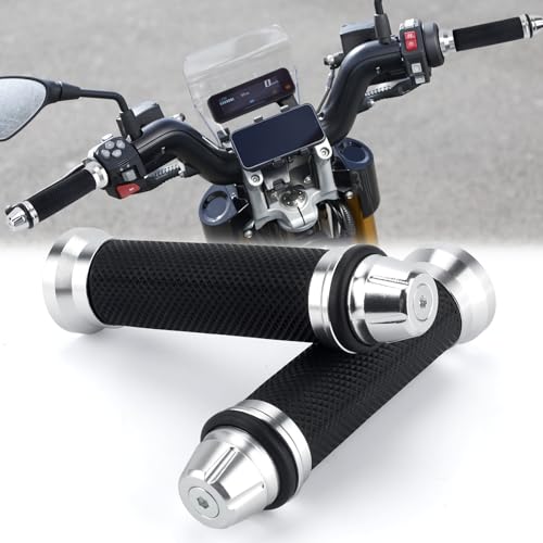 2PCS Motorcycle Handlebar Grips,7/8" & 1" Soft Rubber Grips with CNC Aluminum Bar End Caps,Compatible with Harley, Honda, Yamaha, Kawasaki, Suzuki,Anti-Slip Racing Grips for Car Decoration - color: Sliver