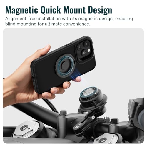 Quick Launch Magnetic Motorcycle Phone Mount with Universal Interface, Anti-Vibration Handlebar Bracket with Secure Lock for Bike Scooter Moto MTB, 360° Blind Installation (QM02&QU01) - style: QM0U2