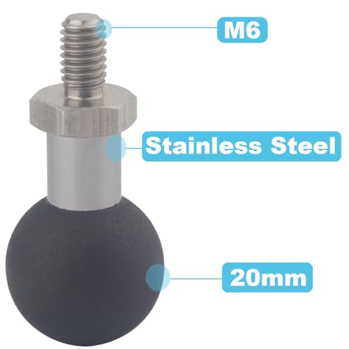 20mm Ball Adapter with M6 Stud - Heavy Duty Stainless Steel Base & TPU Coated Ball for Motorcycle, GPS & Dash Cam Mounts | Compatible with Bulletpoint Mounting Systems - size: M6