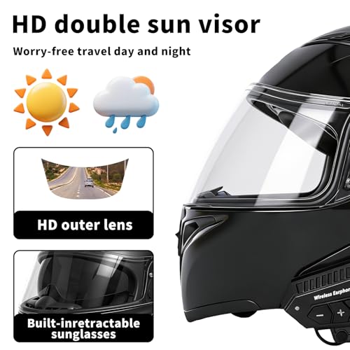 Motorcycle Bluetooth Modular Helmet, DOT FMVSS-218 Approved Flip Up Full Face Motorcycle Dual Visor Helmet, with Dual Speakers and Microphone, for Adults Men and Women