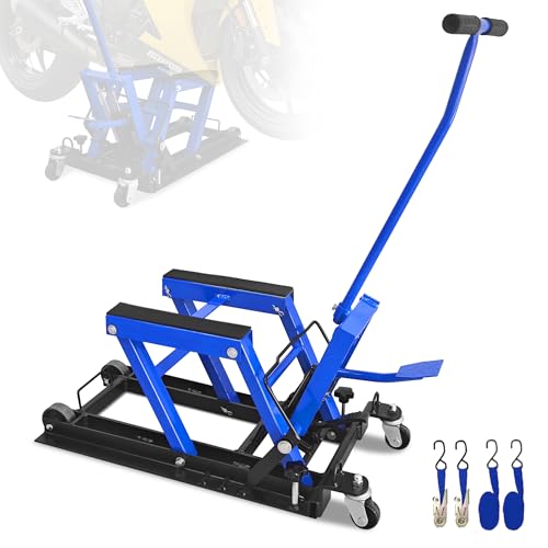 1500 Lbs Hydraulic Moto Jack, Foot-Operated, 4 Wheels & Foldable,Blue | 1500 Lbs Hydraulic Scissor Jack, Foot-Operated Stand, 4 Wheels for Mobility, Foldable Storage, for Moto/ATV/UTV - color: Blue