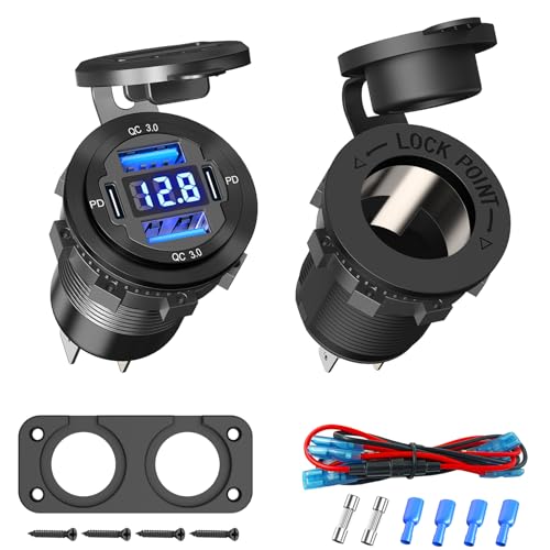 Qidoe Cigarette Lighter Socket 12 Volt USB Outlet Dual 30W PD & Dual Quick Charge 3.0 18W, 300W Socket Aluminum Metal Charger Panel with LED Voltmeter for Marine Car RV Motorcycle Golf Cart, etc