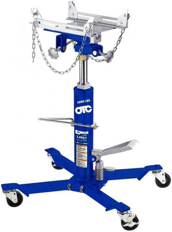 OTC TJH10 1,000 LB. Capacity High-Lift Transmission Jack with Universal Saddle, Tilting Head, Safety Chains, and Foot Operated Pump and Lowering Pedal
