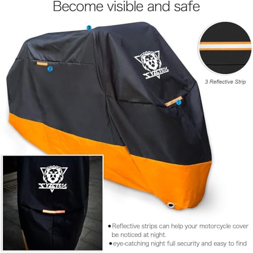 XYZCTEM Motorcycle Cover – All Season Waterproof Outdoor Protection – Precision Fit up to 96.5 Inch Tour Bikes, Choppers and Cruisers – Protect Against Dust, Debris, Rain and Weather(XL,Black& Orange) - size: 96.5"