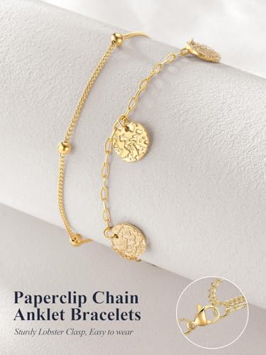 U7 Silver/Gold Ankle Bracelets for Women Layered Chain Anklets Stainless Steel Waterproof Summer Beach Anklet Cham, Adjustable 8.5"-10.5" - color: Gold - Ball Chain+Paperclip Chain