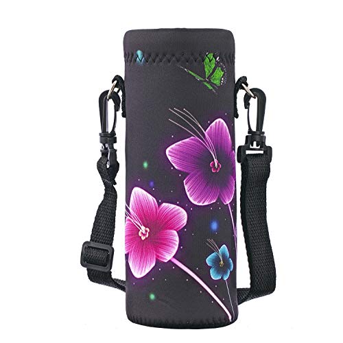 RICHEN Neoprene Water Bottle Carrier Bag with Adjustable Shoulder Strap,Insulated Water Bottle Cover for Stainless Steel/Glass/Plastic Bottles - color: Colorful Flowers, size: 750ml