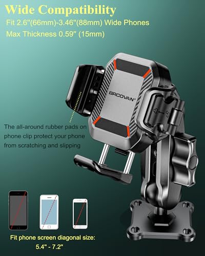 BRCOVAN Anti-Theft Phone Mount Holder with Vibration Dampener, 1s Locking | Don't Block Camera, with Aluminum Medium Arm & Square Base, for Car Boat Truck Motorcycle UTV, Fit 5.4-7.2'' Smartphones