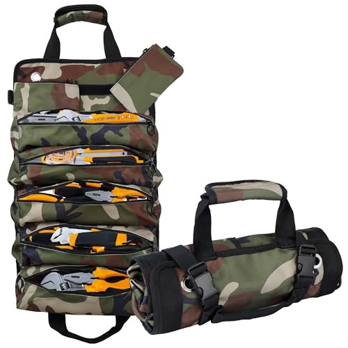 Portable Foldable Roll Up Tool Bag, Heavy Duty Tool Organizer Bag with 5 Compartments & 2 Detachable Pouches for Tools Storage, Waterproof Tool Roll Bag for Dad Men Electrician Gifts - color: Camouflage