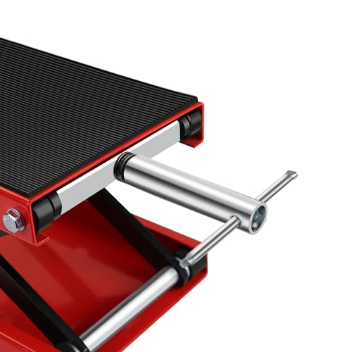 Motorcycle Lift - 1100 LBS Motorcycle Scissor Lift Jack Table with Wide Deck & Safety Pin, 3.7"-14" Heavy Duty Steel Motorcycle Table Lift Jack for Bikes ATVs Garage Repair Center Stand Lift Jack, Red