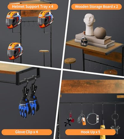 NANXITU Motorcycle Helmet Rack Wall Mount, Retro Rust Helmet Holder with Wood Floating Shelf and Hooks for Storage