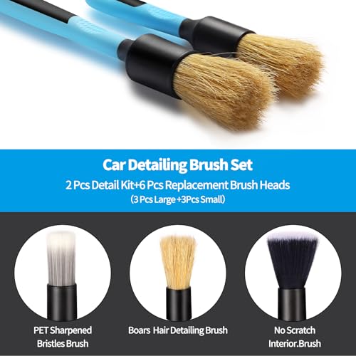 Car Detailing Brush Set, Soft Boar Hair Auto Detail Brush Kit for Automotive Elegant Surface Interior Exterior Dashboard Emblems Panels Engine Bay Wheels Air Vent Seat Leather | Replaceable brush head