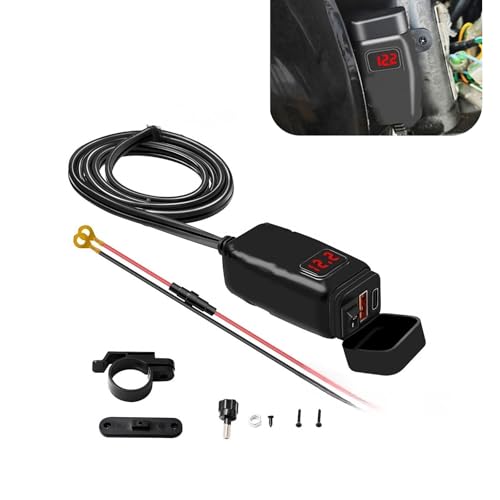Motorcycle USB Type-c Adapter, 3.0 Quick Supply Device for Phone Tablet, Shockproof Waterproof Case with Handle Bracket, for Most Cars, 7/8" Handlebar Motorcycles (Black)