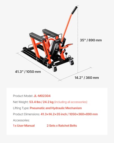 VEVOR Motorcycle Lift, 1500lbs Weight Capacity, Hydraulic & Pneumatic Motorcycle Jack, 4.1-15 in Height Range, Heavy Duty Bike Repair Stand with Removable Ramp with 2 Casters for ATVs, Dirt Bike