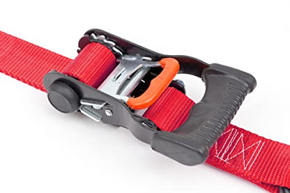 PowerTye 1.5in x 6ft Ergonomic Ratchet Tie-Down Kit w/Latching Hooks, Soft-Tyes, and Storage Bag - Made in USA - 1,000 lb. WLL / 3,000 lb. Breaking Strength - Red (Kit) - color: Red