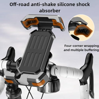 Premium Motorcycle Phone Mount with Anti-Shake Silicone Shock Absorber, 360° Rotation, Four-Corner Protection, One-Click Lock System, Tool-Free Installation for Bikes and Scooters