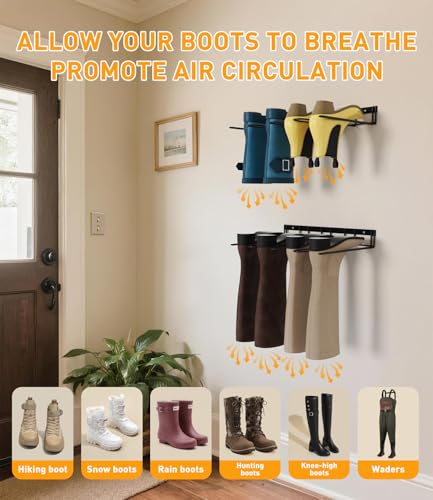 Boot Rack Wader Hanger Wall Mounted- (4 Pair) Sturdy Metal Boot Organizer, Tall Shoe Holder for Closet, Entryway, Indoor, Garage