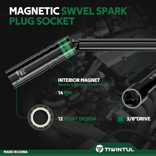 14mm Swivel Magnetic Spark Plug Socket, 3/8" Drive x 13" Total Length Spark Plug Removal Tool with CR-V Steel, 12-Point, Enhanced Magnetic Design, 360 Degree Swivel Thin Wall Socket - size: 14mm x 13 inch