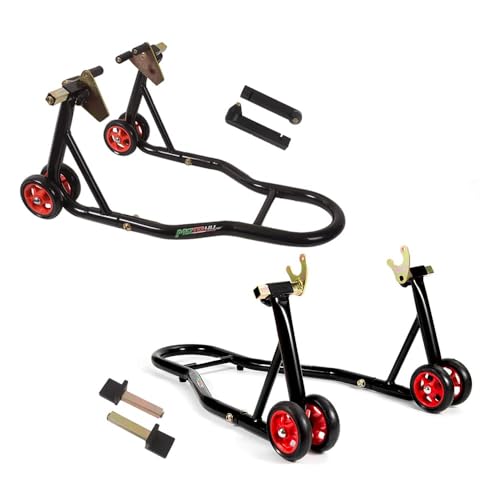 MOTO4U Motorcycle Front & Rear Stand, Front Rear Combo Stand Universal Wheel Lift Stand Swingarm Spool Lift Stand Paddock Stand (Red Wheel) - size: Front & Rear Stand Black