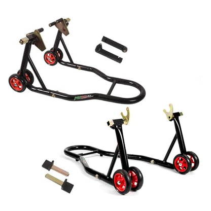 MOTO4U Motorcycle Front & Rear Stand, Front Rear Combo Stand Universal Wheel Lift Stand Swingarm Spool Lift Stand Paddock Stand (Red Wheel) - size: Front & Rear Stand Black