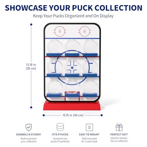 Hockey Puck Display Case，9 Acrylic Clear Box Holder with Wooden Base Ice Hockey Rink Designed , Showcase for Autographed Memorabilia - size: 16.5ln×12.2ln×2.7ln