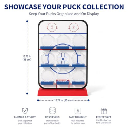 Hockey Puck Display Case，9 Acrylic Clear Box Holder with Wooden Base Ice Hockey Rink Designed , Showcase for Autographed Memorabilia - size: 16.5ln×12.2ln×2.7ln