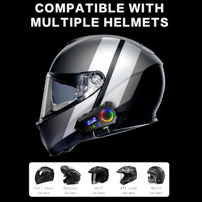 Jectse Wireless Motorcycle Earphone, Helmet Headset with Color Ambient Lights, FM Radio, LCD Display, Noise Reduction, Voice Assistant, IP65 for Long Rides