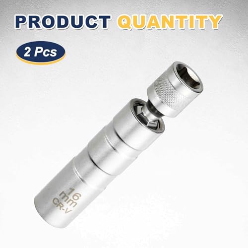 HARFINGTON 2pcs Spark Plug Socket Set 3/8" Drive 16mm Swivel Magnetic 12 Point Thin Wall Spark Plug Socket with 360 Degree Swivel CR-V Steel, Silver - size: 16mm