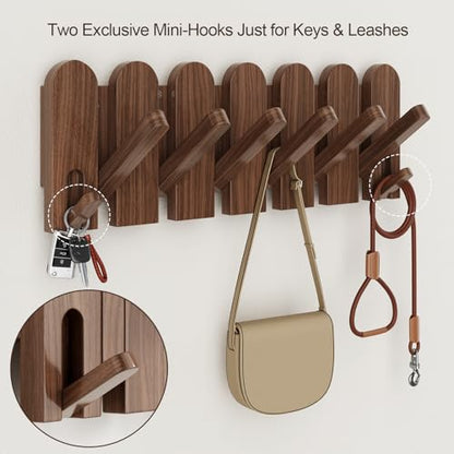 Walnut Wood Coat Rack Wall Mount,16.5" Wall Mounted Coat Rack with 8 Retractable Hangers,Heavy Duty Coat Hooks for Hanging Coats,Hats,Towels,Bags,Key Holder for Entryway - color: Walnut