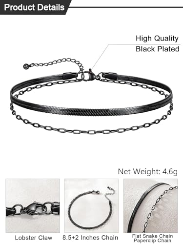 U7 Silver/Gold Ankle Bracelets for Women Layered Chain Anklets Stainless Steel Waterproof Summer Beach Anklet Cham, Adjustable 8.5"-10.5" - color: Black - Flat Snake Chain+Paperclip Chain
