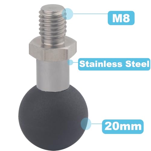 20mm Ball Adapter with M8 Stud - Heavy Duty Stainless Steel Base & TPU Coated Ball for Motorcycle, GPS & Dash Cam Mounts | Compatible with Bulletpoint Mounting Systems - size: M8