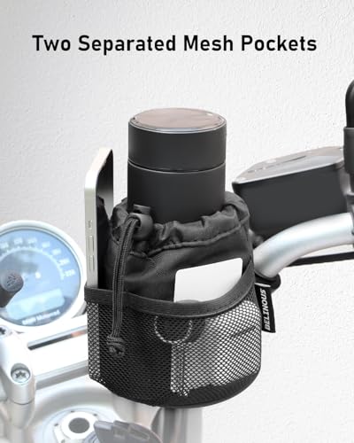 Belinous Motorcycle Cup Holder with 0.75"-1.5" Alligator Clamp, Drink Holder up to 24oz with Mesh Pockets, Universal Water Bottle Holder for Motorcycle, Bicycle, ATV, Wheelchair, e-Bike, Boat (Black) - size: Medium