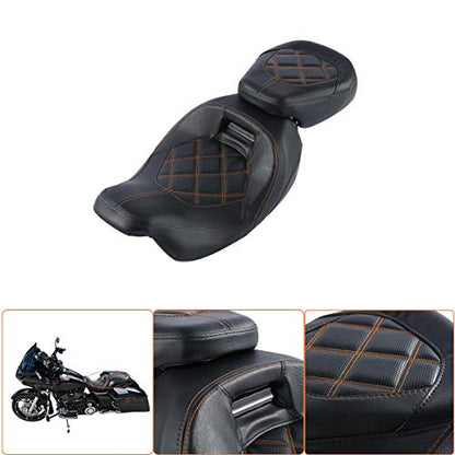 Low-Profile Driver Seat Pillion Leather Passenger Pad Seat Fit for Harley Street Glide Road Glide Road King Ultra Limited 2009-2023 - color: Seat Orange