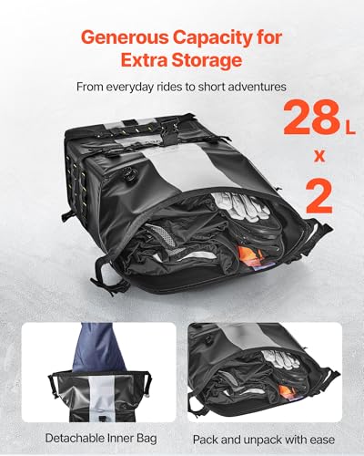 VEVOR Motorcycle Saddle Bags, 56L(28L*2) Waterproof Motorcycle Luggage Saddlebags Set of 2 with Detachable Shoulder Strap, Heavy-Duty Shoulder Bag Fit for Most Outdoor Adventure Sports Motorbike
