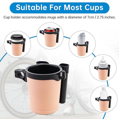 3-in-1 Bike Cup Holder with Cell Phone Keys Hook -Universal Water Bottle Holder for Walker/Wheelchair/Stroller/Scooter, Fits 0.87" Round Handlebar and 2.7" Cup Base,Beige - color: beige